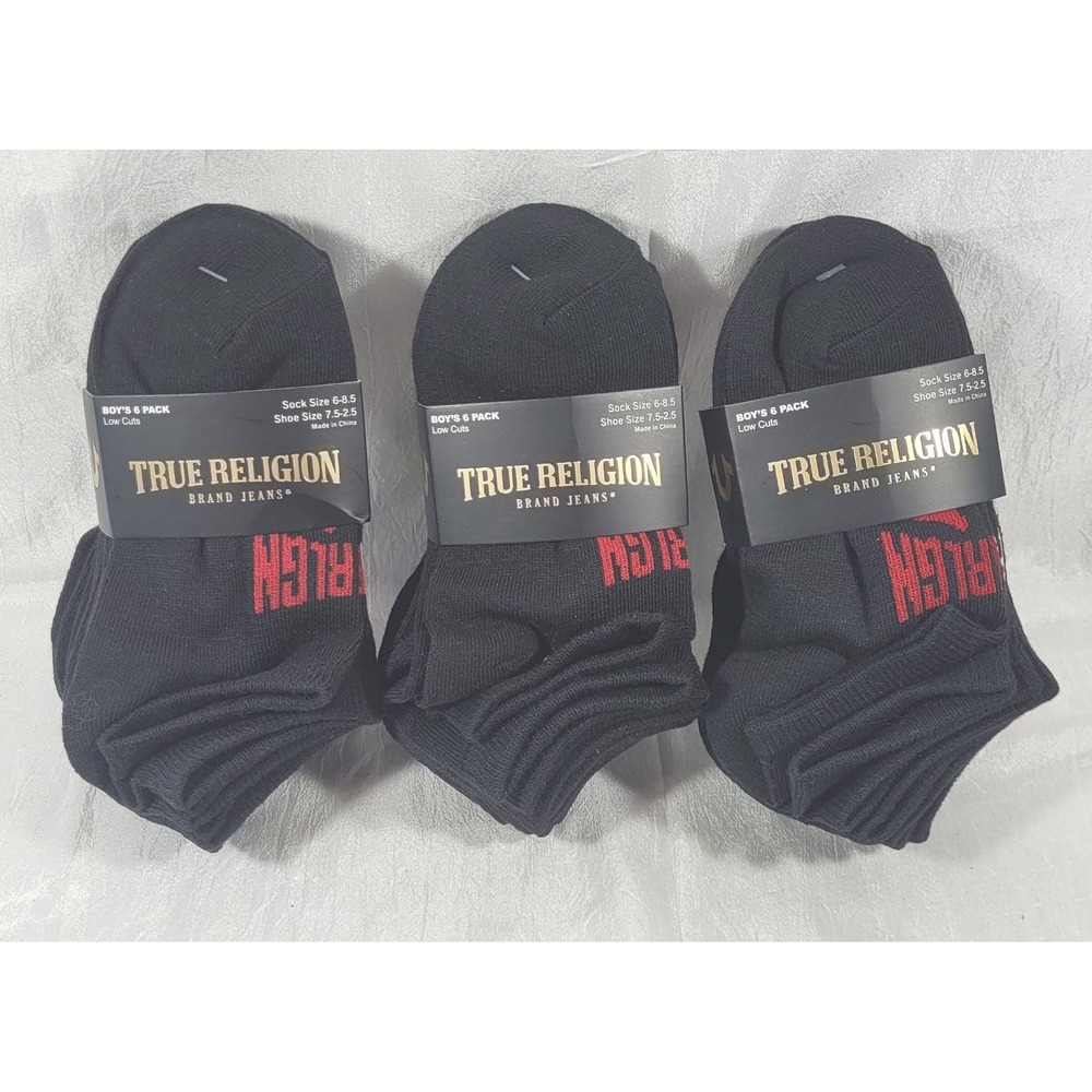 18 Pairs Boy's True Religion Low Cut Socks - Black - Shoe Size 7.5-2.5